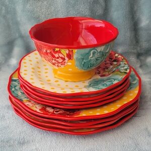 Vibrant Floral Red and Yellow Ceramic Bowl & Plate Set